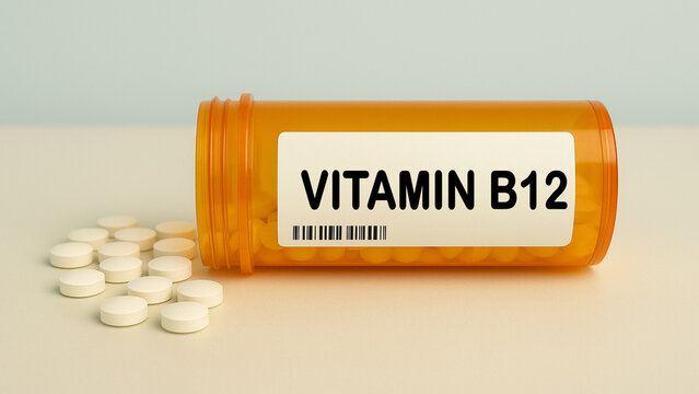 Box of VITAMIN B12 tablets on a hospital pharmacy table used to treat cobalamin deficiency a vitamin supplement.