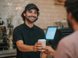 Smiling barista with curly hair hands over a coffee cup to a customer at a modern cafe, showcasing friendly service and a welcoming atmosphere