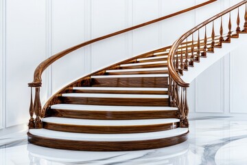 Ornate wooden spiral staircase in a luxurious interior.