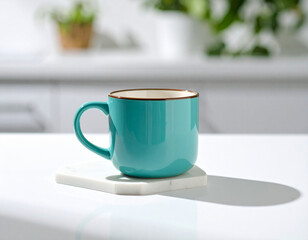 Teal Mug on Marble Coaster in Bright Kitchen Setting