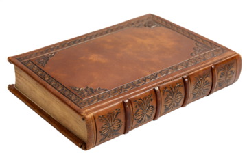 Close-up shot of an antique leather-bound book with ornate detailing, showcasing its aged cover and gold-leaf page edges, reflecting its historical charm