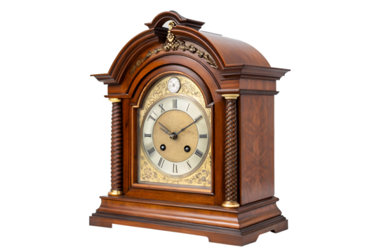 Elegant antique wooden mantel clock with ornate detailing and roman numeral face, a timeless piece of home decor