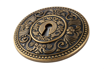 Elegant circular keyhole escutcheon made of aged bronze, showcasing rich, ornate filigree details in a luxurious antique style
