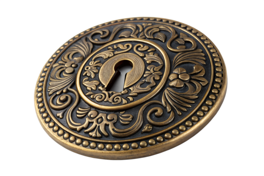 Elegant circular keyhole escutcheon made of aged bronze, showcasing rich, ornate filigree details in a luxurious antique style