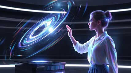 Woman interacting with spinning futuristic hologram of galaxy in dark room, advanced digital technology interface concept footage. - Powered by Adobe