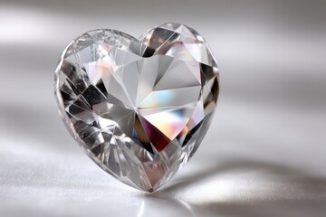 Fototapeta premium A brilliant faceted heart-shaped crystal on a smooth white satin surface.