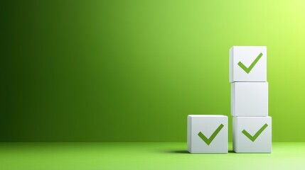 Green check marks on white cubes validation and success