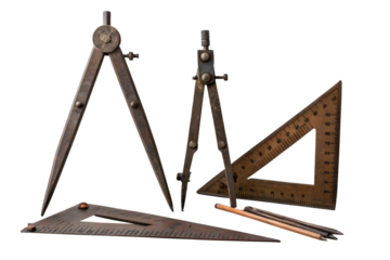 Antique Drafting Tools Vintage Compass, Set Squares, and Pencils