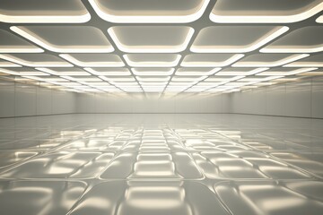 Fototapeta premium Spacious, bright, modern futuristic empty room with glowing ceiling lights.