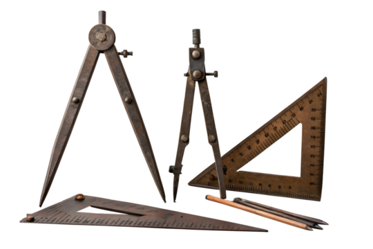 Antique Drafting Tools Vintage Compass, Set Squares, and Pencils