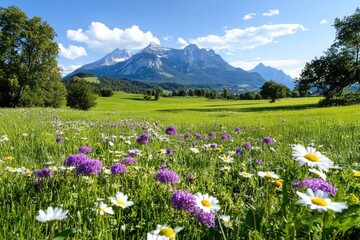 Fototapeta premium A vibrant meadow filled with wildflowers under a clear blue sky.