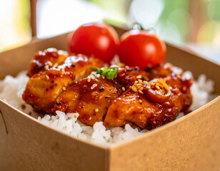 Teriyaki Chicken Rice Bowl with Cherry Tomatoes in Cardboard Container