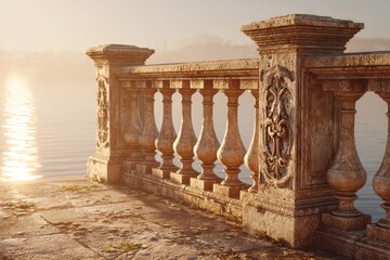 Fototapeta premium An ornate stone balustrade illuminated by golden hour sunlight overlooking tranquil water.