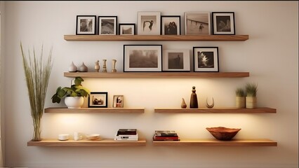 Elegant home decor with floating shelves and warm ambient lighting on a neutral wall