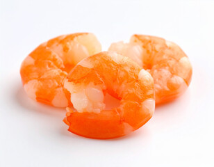 Three Cooked Shrimp on White Background, Close-Up Seafood Still Life