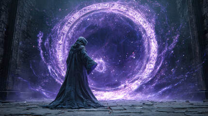 Mysterious mage casting spells before a glowing portal of cosmic energy