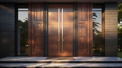 Artistic entryway featuring a large wooden door with geometric designs and modern architecture