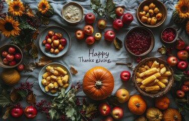 Festive autumn table with Happy Thanksgiving message in cursive