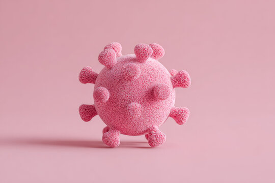 Pink abstract virus model, minimal design, textured surface, isolated on pastel background, representing flu or covid, modern medical concept, creative and playful mood