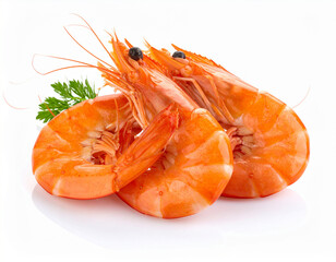 Three Cooked Shrimp with Dill on White Background