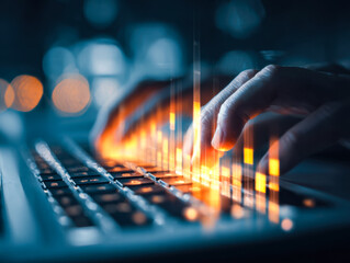 Hands typing on a keyboard with digital data visualization and glowing effects