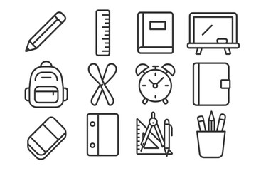 School Supply Icons. Line style icons of daily school items: pencil, ruler, book, chalkboard; backpack, scissors, alarm clock,