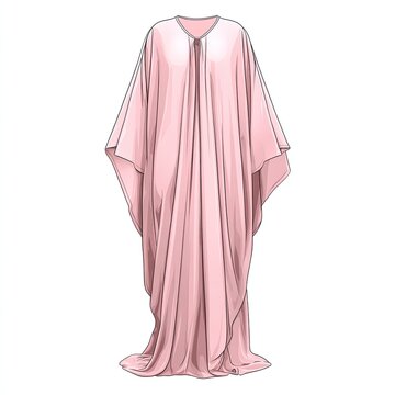 A flowing, light pink, floor-length kaftan with a center-front slit and a slightly batwing sleeve design.  The fabric appears to drape softly