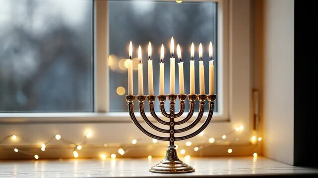 Glowing menorah against snowy window with flickering fairy lights in winter evening scene