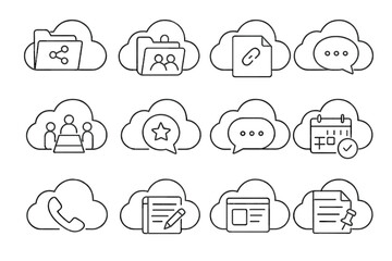 Cloud Collaboration Icons. Line style icons of cloud collaboration: shared drive, team folder, file link, comment box; cloud