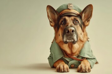 A charming German Shepherd dog portrait, dressed in a vintage military uniform and hat, exuding a dignified and comical expression, shot in studio on simple background