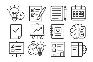 Creative Productivity Icons. Line style icons of creative productivity: idea bulb with clock, checklist with paintbrush, planner