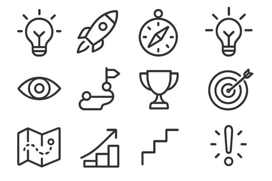 Innovative Journey Icons. Line style icons of innovative journey: light bulb, rocket, compass, idea spark; vision eye, goal path,