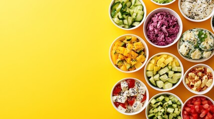 Fresh salad bowls on vibrant yellow background