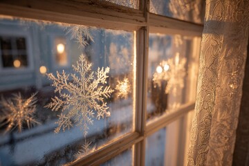 Fototapeta premium Winter scene with snowflakes on windowpane in cozy indoor setting during evening light