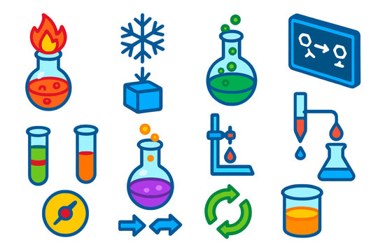 Chemical Reaction Icons. Isometric vector illustration set Chemical reaction icons: exothermic reaction flask, endothermic