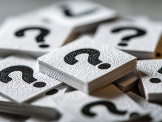 Stacks of textured white tiles featuring bold black question marks symbolizing curiosity, uncertainty, and inquiry in a scattered arrangement on a neutral background