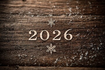 Fototapeta premium Wood background with snowflakes and the year 2026 etched in numbers