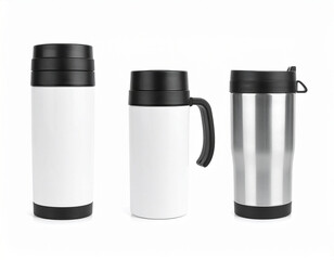 Three Isolated Travel Mugs: White and Stainless Steel Design on White Background