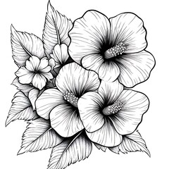 Fototapeta premium Beautiful hibiscus flower illustration for coloring book, botanical art design with leaves and blossoms
