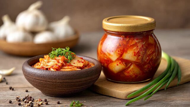 Fresh kimchi preparation featuring jar and bowl with background garlic and spices