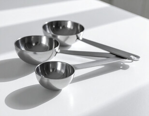 Three Stainless Steel Measuring Cups on White Surface with Shadows, Kitchen Utensils.
