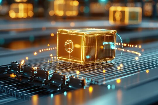 Digital representation of a cube-shaped package on a futuristic conveyor belt.