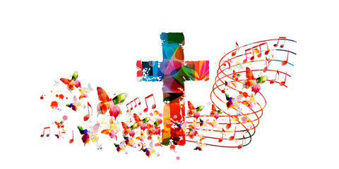 Colorful christian cross with music notes isolated vector illustration. Religion themed background. Design for gospel church music, choir singing, concert, festival, Christianity, prayer	