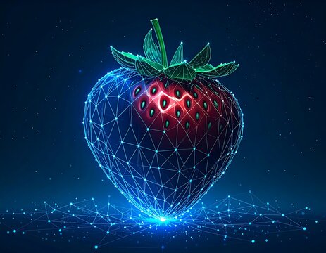 Low-poly strawberry, glowing, digital art