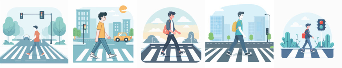 vector of a young man crossing the road