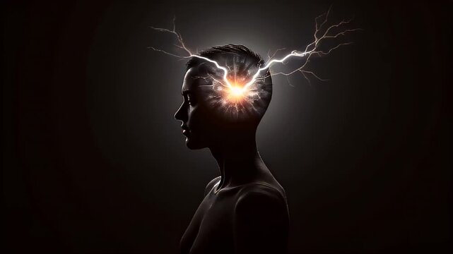 Man with a lightning head in the dark