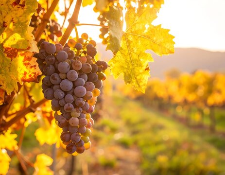 Purple grapes cluster on vine, autumn vineyard bathed in golden sunlight