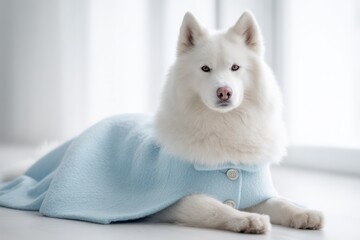 Charming white fluffy dog wearing a stylish light blue coat, looking calmly.