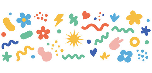 A set of stickers with abstract clouds and flowers, featuring vibrant retro cartoon-style designs of funky flowers, bubbles, stars, loops, and waves.