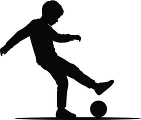 Silhouette, child, soccer, ball, play, action, movement, sports, balance, black, white, illustration, dynamic, youth, athlete, kicking, control, outdoor, physical, activity